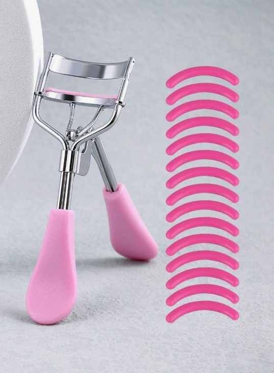 1pc Portable Eyelash Curler And 15 Silicone Pads,Stainless Steel Pink Curved Handle Eyelash Curler,Curling